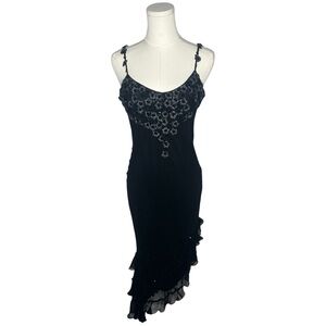 Vtg Sue Wong Black Silk Chiffon Floral Asymmetrical Tiered Gown Fairycore Dress